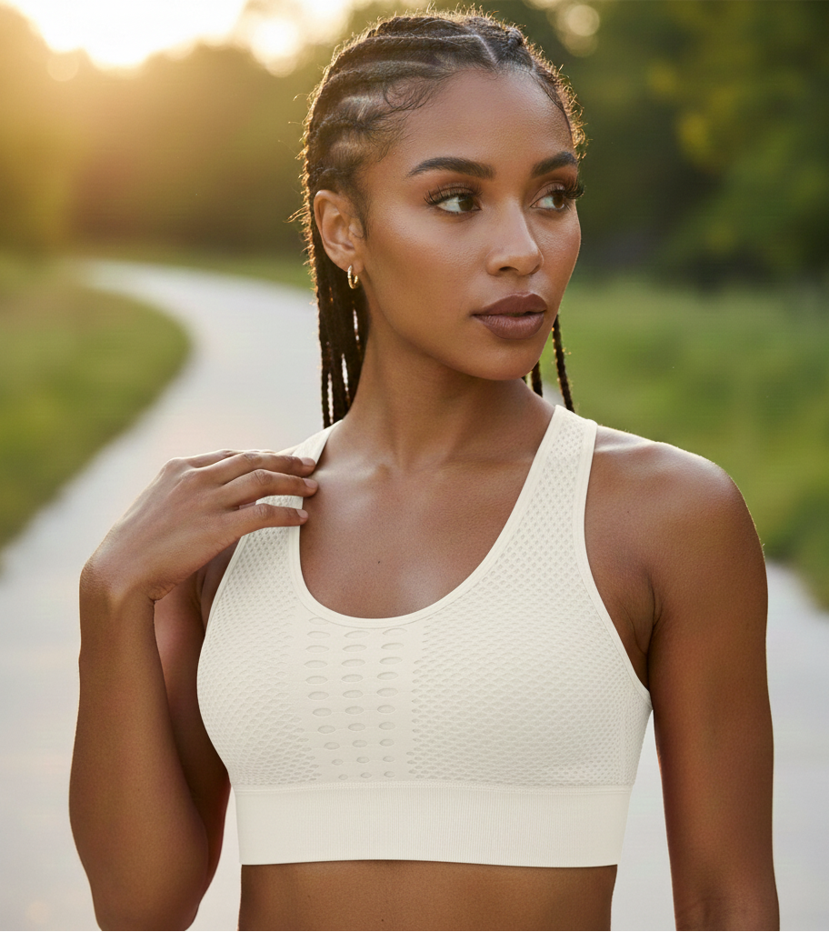 Woman in a white sports bra top standing outdoors with a blurred natural background