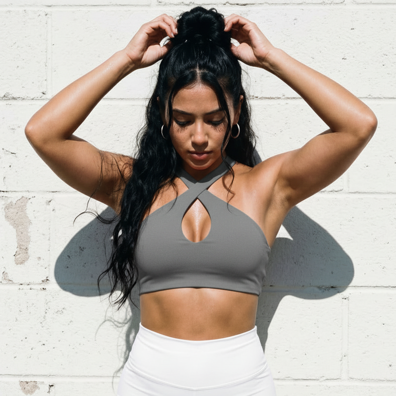 Mid grey active sports bra with front criss-cross and keyhole cut-out