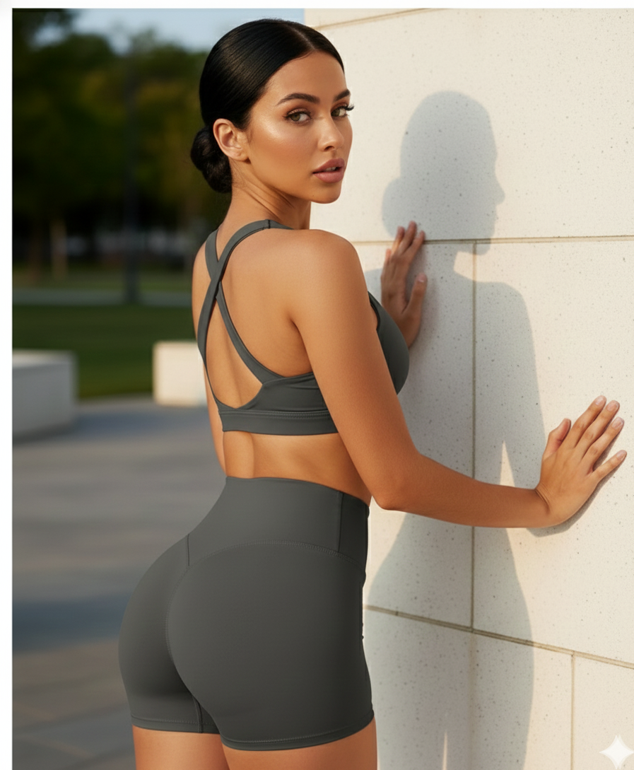Woman in athletic wear standing against a wall with a blurred outdoor background