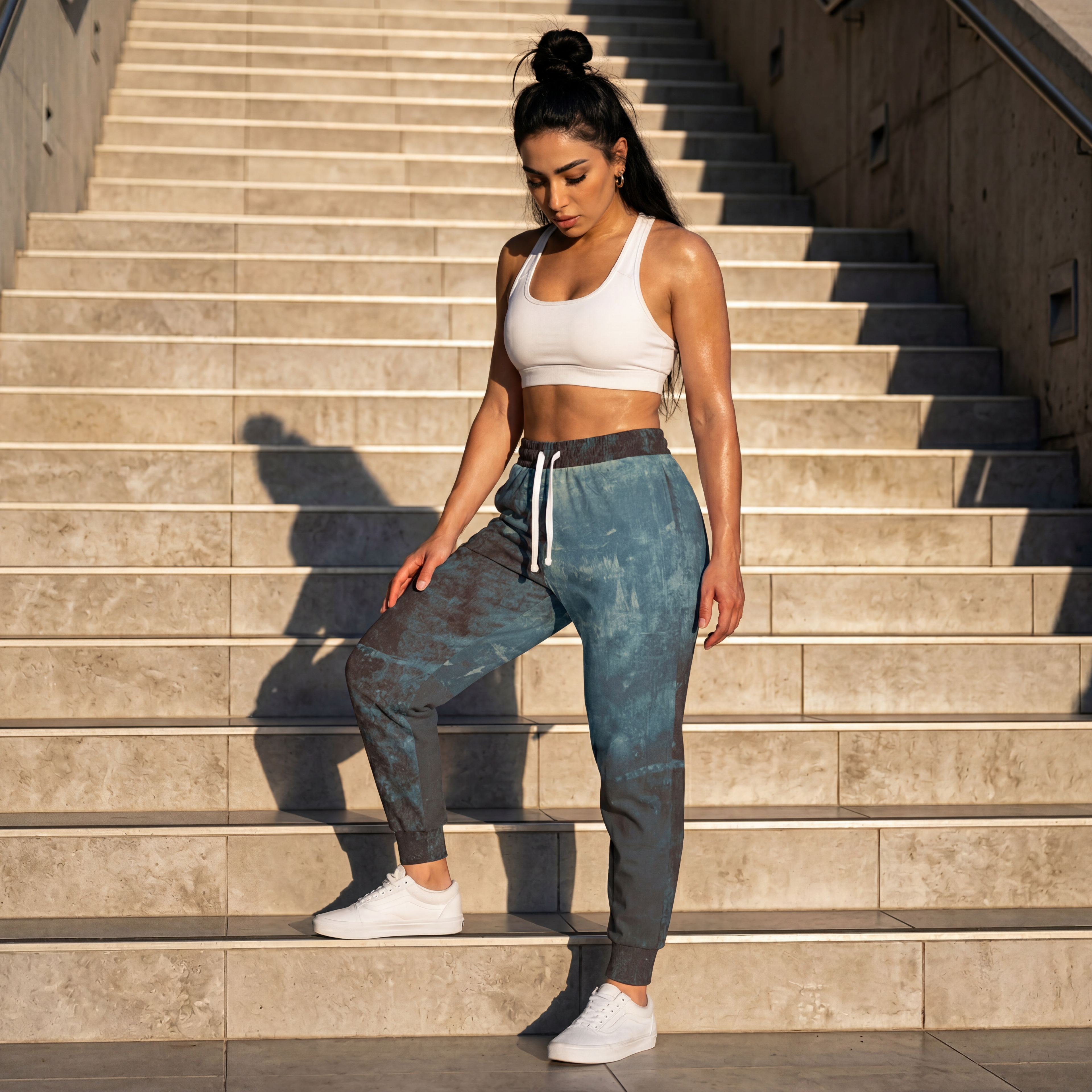 Woman in athletic wear standing on stone steps
