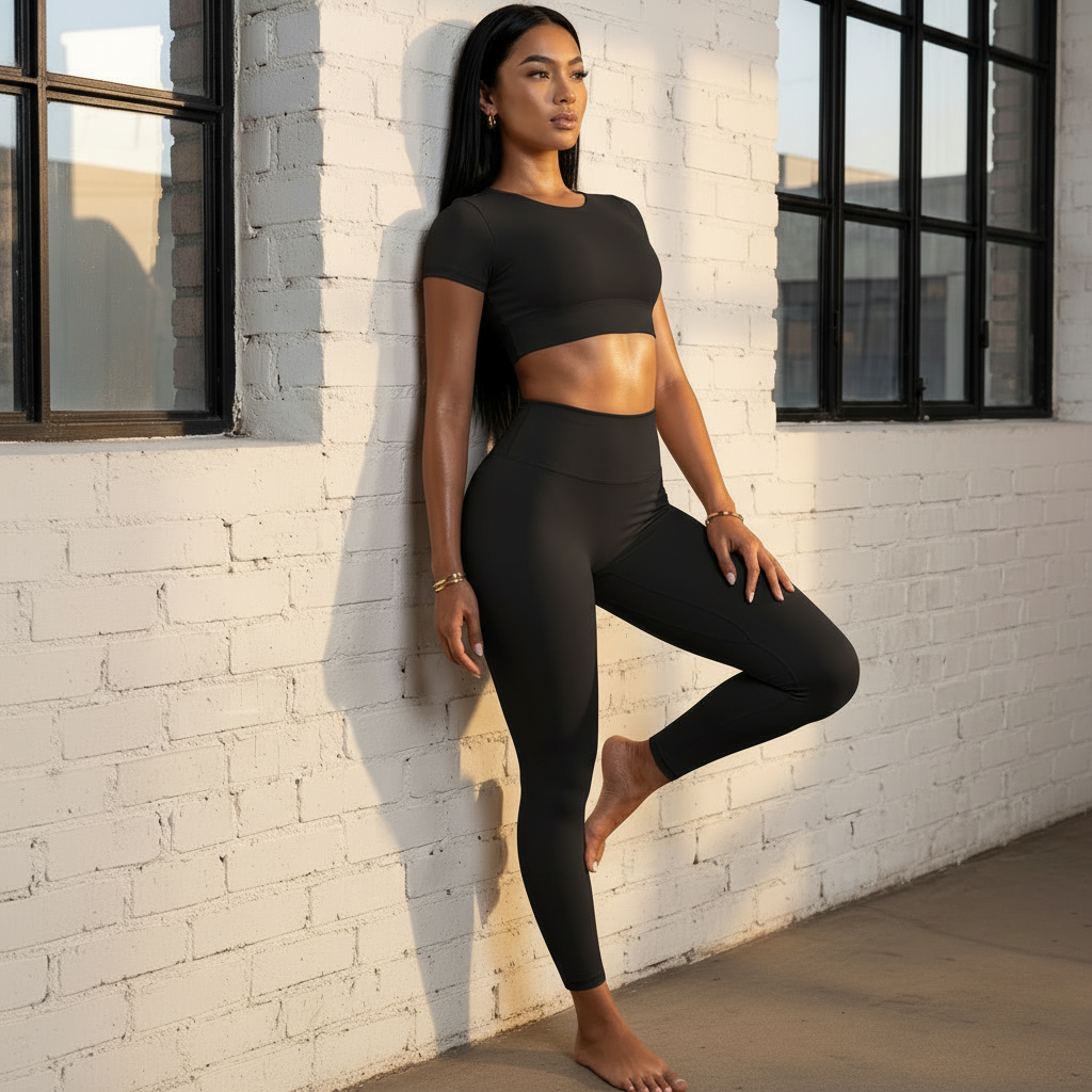 Woman in black athletic wear posing against a white brick wall.