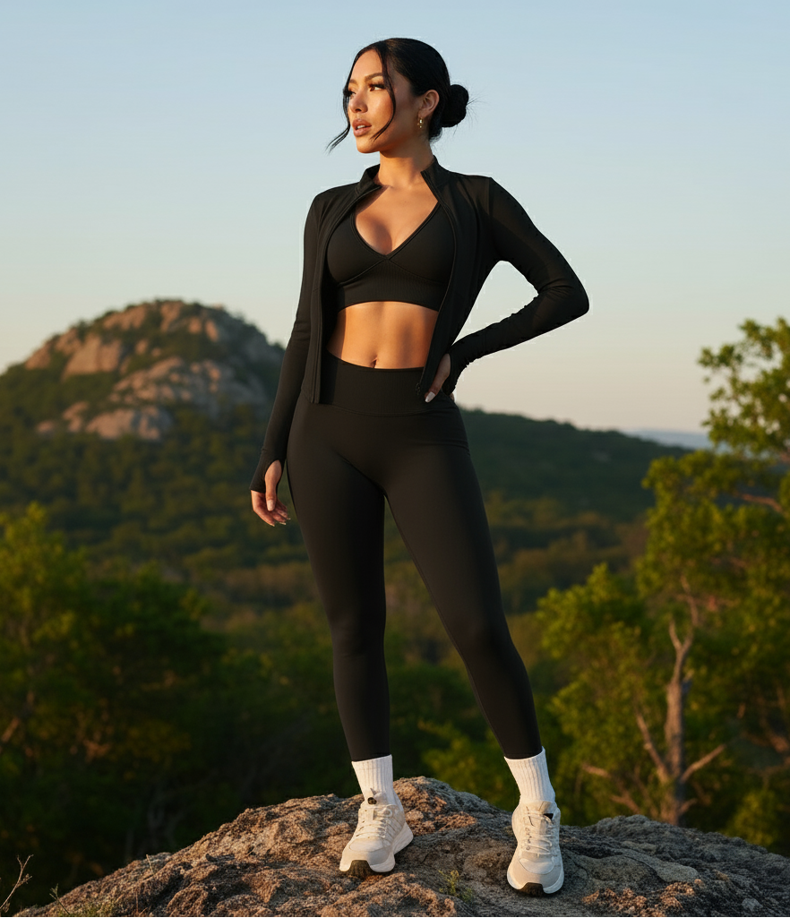 Woman in black athletic wear standing on a rocky outcrop with a scenic background