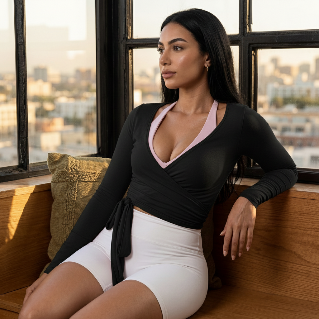 Woman in black long-sleeve top and white shorts sitting by a window with a cityscape view.