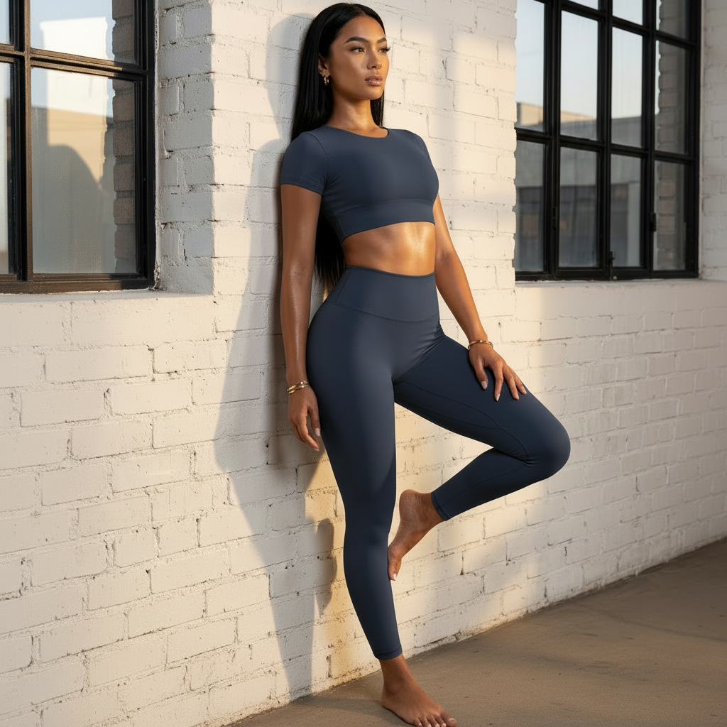 Woman in dark blue athletic wear posing against a white brick wall.