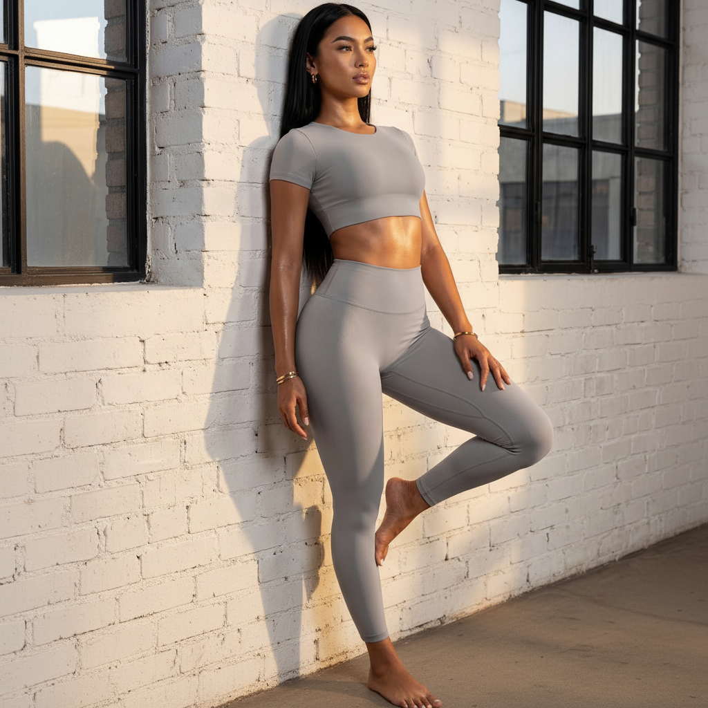 Woman in gray athletic wear posing against a white brick wall.