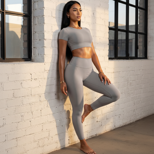 Light grey cropped active top and leggings set, outdoor full body pose