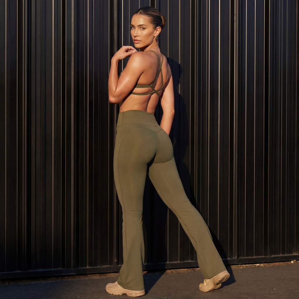 Olive sports bra and flare pants set, crisscross back straps and wide-leg fit