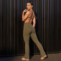Olive sports bra and flare pants set, crisscross back straps and wide-leg fit
