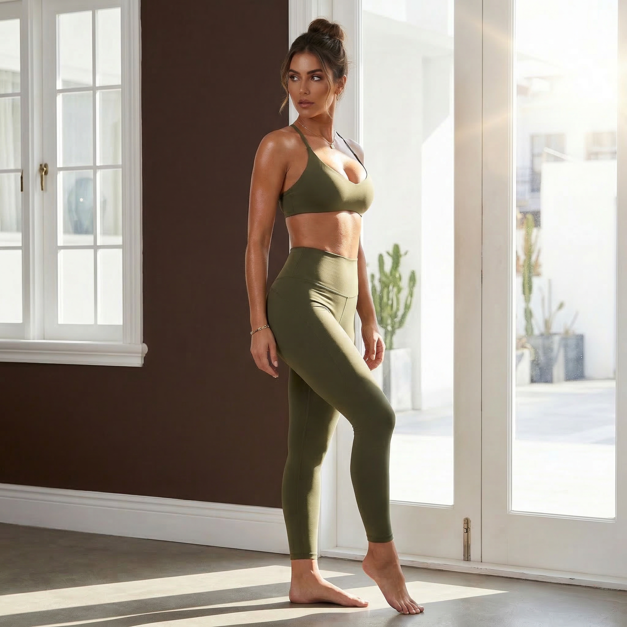 Criss-cross bra + high-waist active leggings set, olive, front view