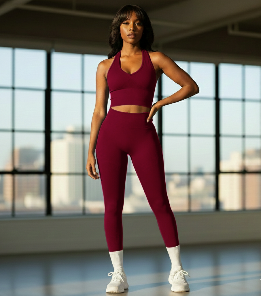 Woman in maroon athletic wear standing in a room with large windows.