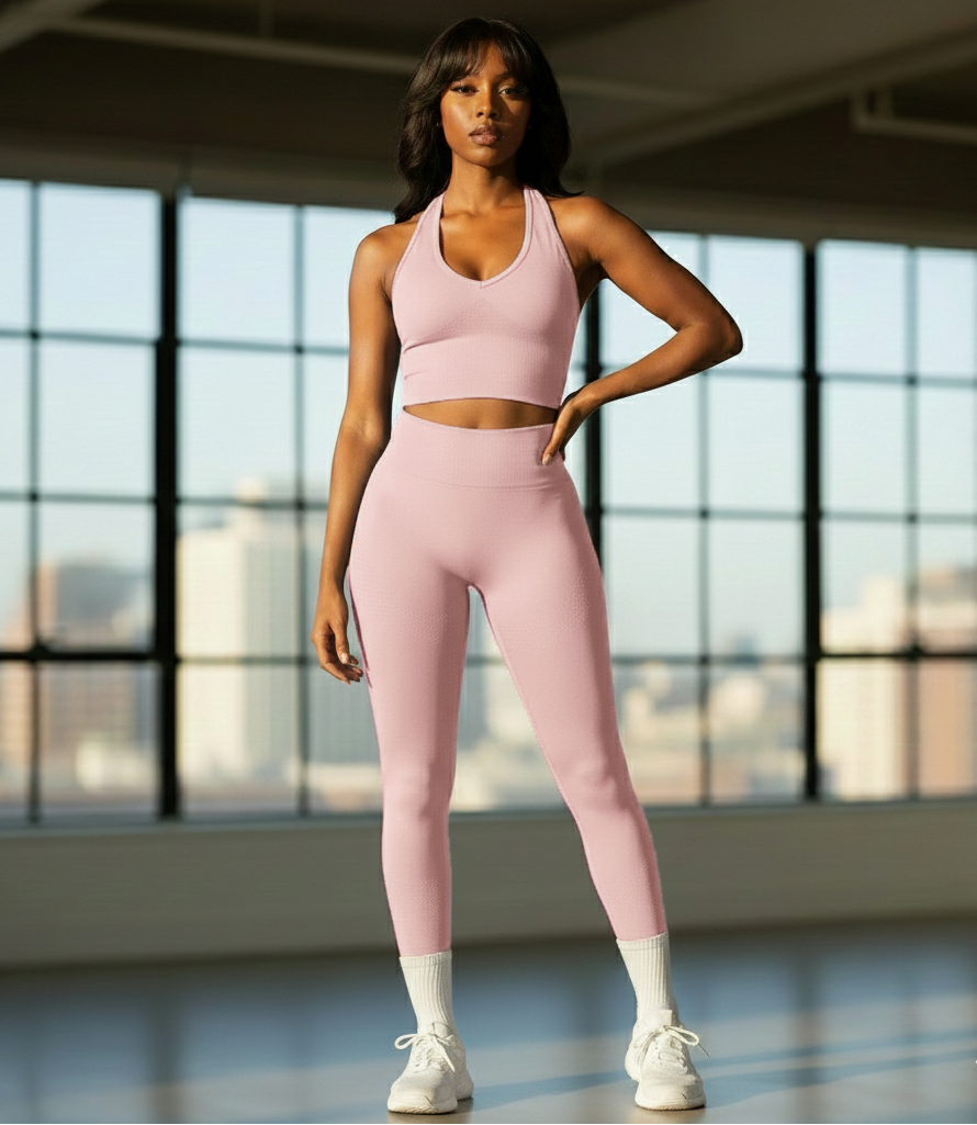 Woman in pink athletic wear standing in a room with large windows.