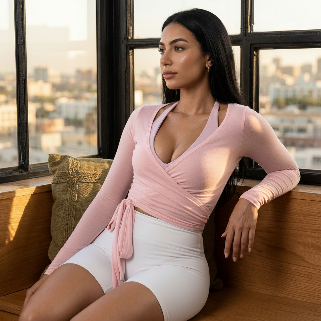 Woman in pink top and white shorts sitting by a window with a cityscape view.