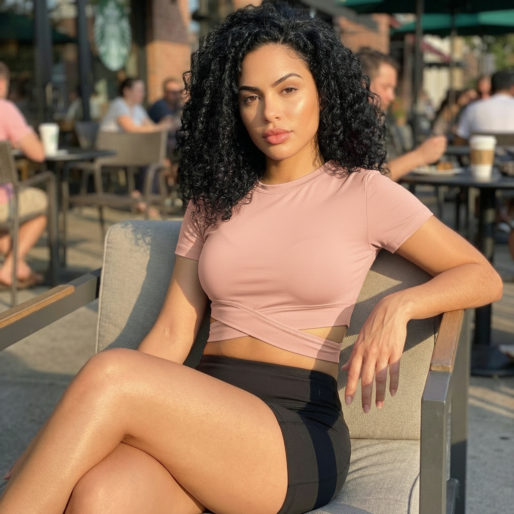 Woman sitting outdoors in a casual setting wearing a pink top and black shorts.