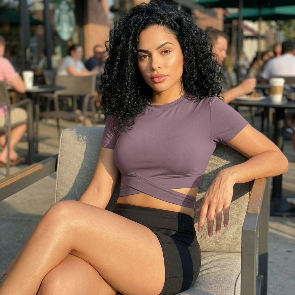 Woman sitting outdoors in a casual setting wearing a purple top and black shorts.