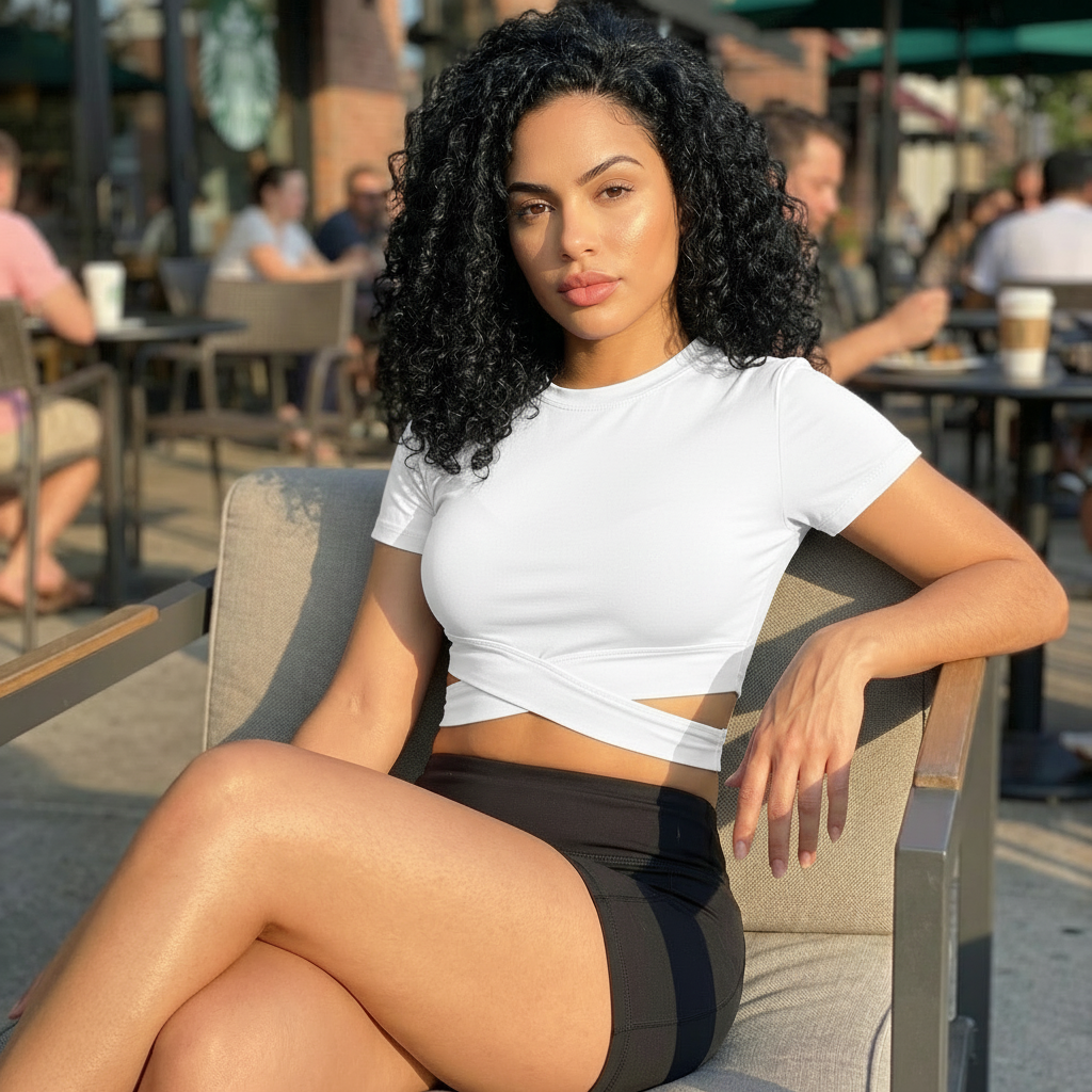 Woman sitting outdoors in a casual setting wearing a white crop top and black shorts.