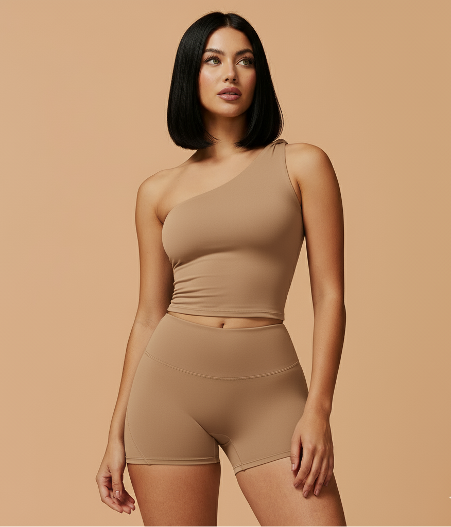 Woman wearing a beige one-shoulder top and shorts on a beige background