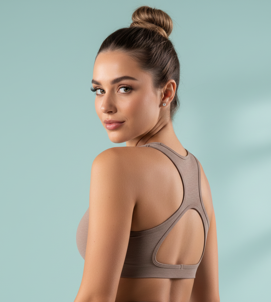 Woman wearing a beige sports bra against a light blue background