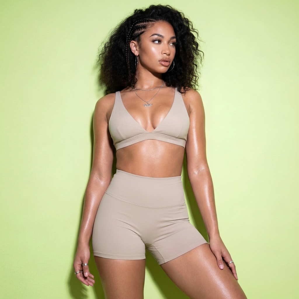 Woman wearing a beige sports bra and shorts against a light green background