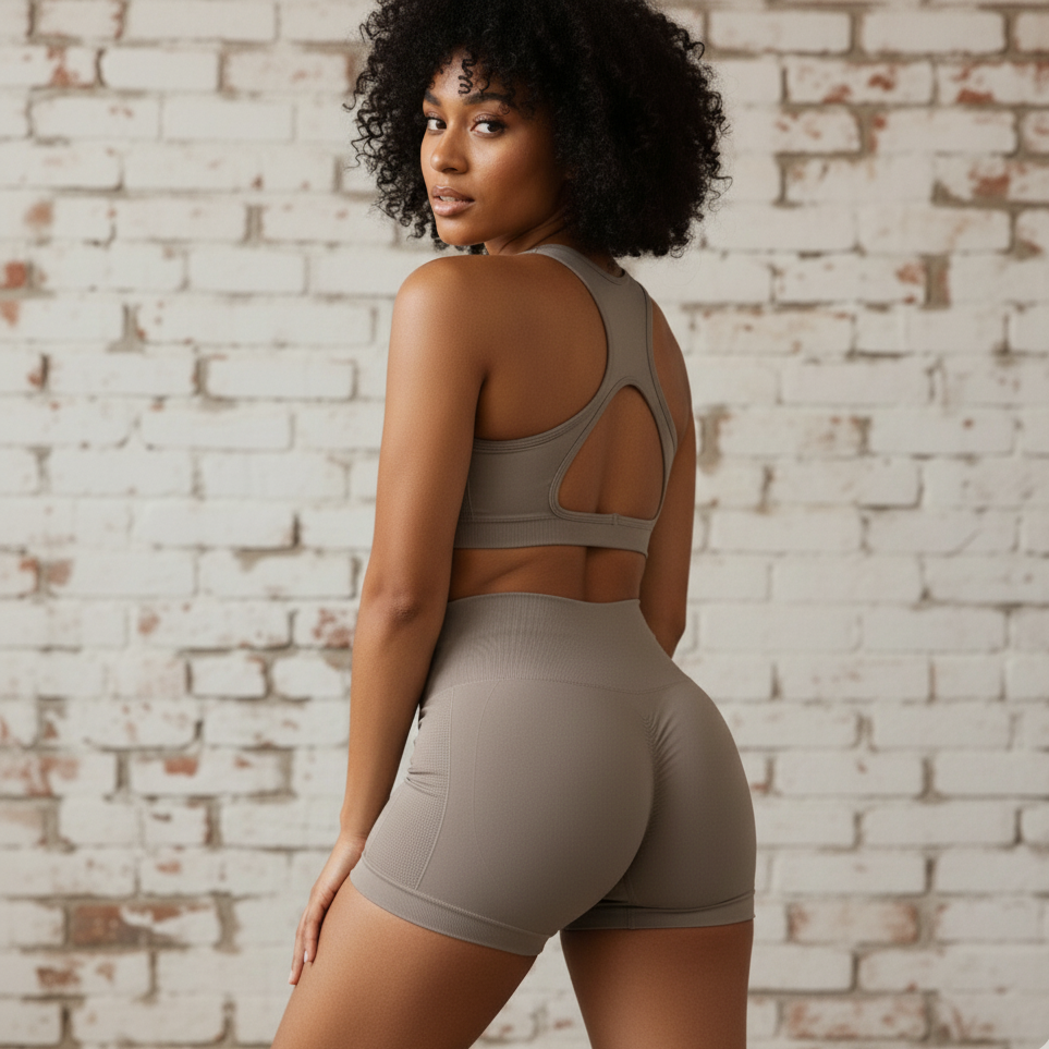 Woman wearing a beige sports bra and shorts set against a brick wall.