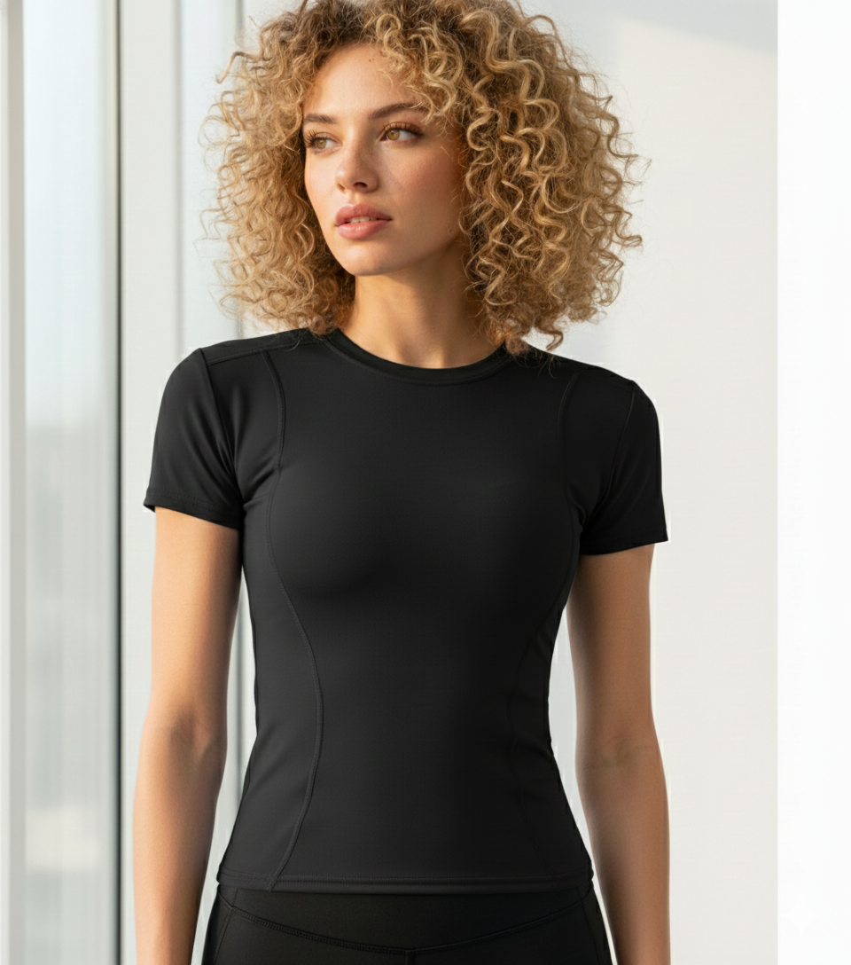 Woman wearing a black compression shirt against a light background