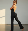 Black crisscross back flared jumpsuit, low back and flared legs