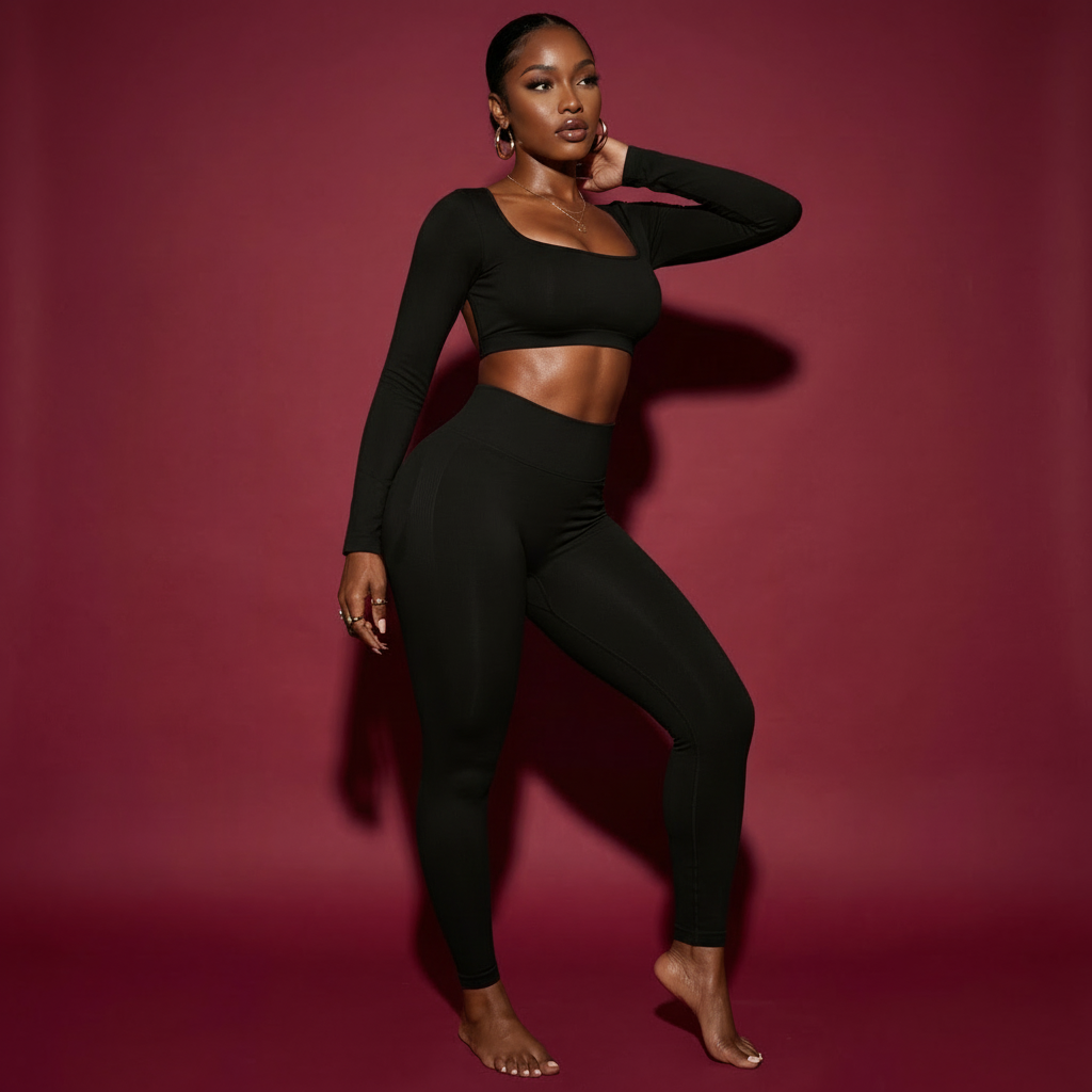 Woman wearing a black outfit against a pink background