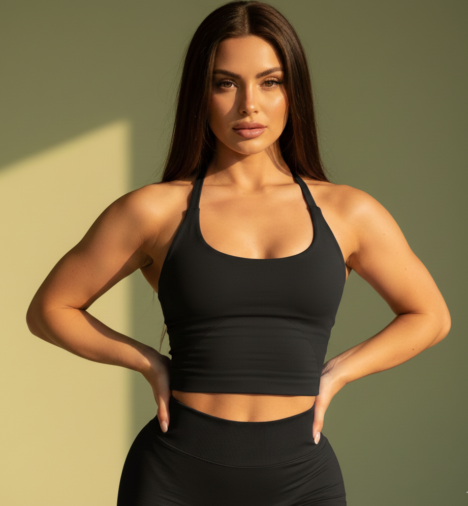 Woman wearing a black sports bra and leggings against a green background