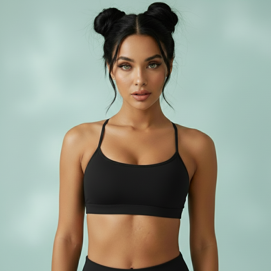 Woman wearing a black sports bra and leggings against a light green background