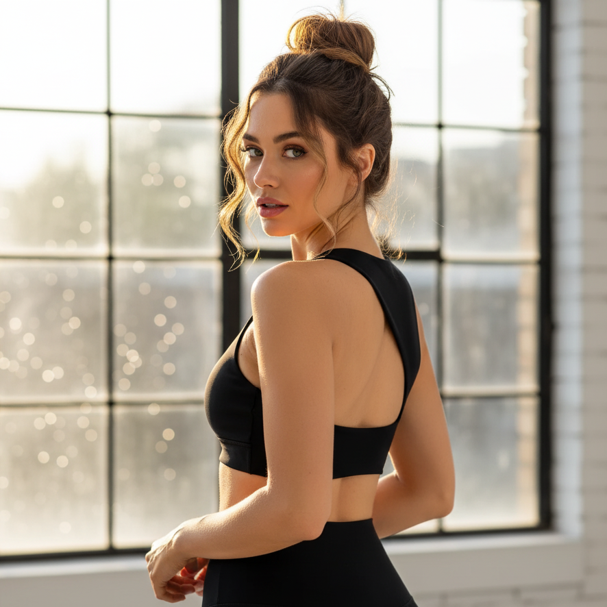 Woman wearing a black sports bra and leggings in a bright room with large windows.