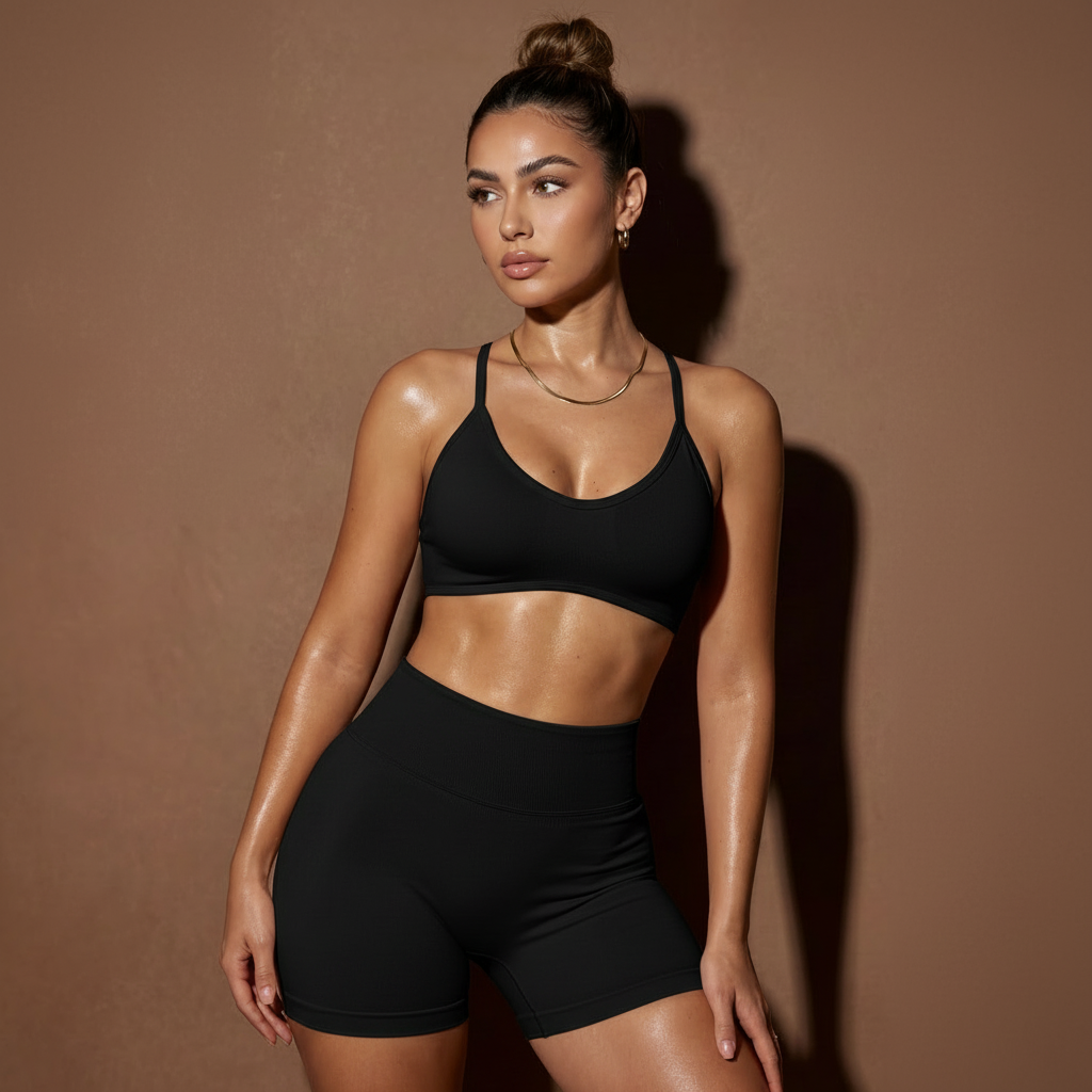 Black halter bra and high-waist shorts two-piece activewear set