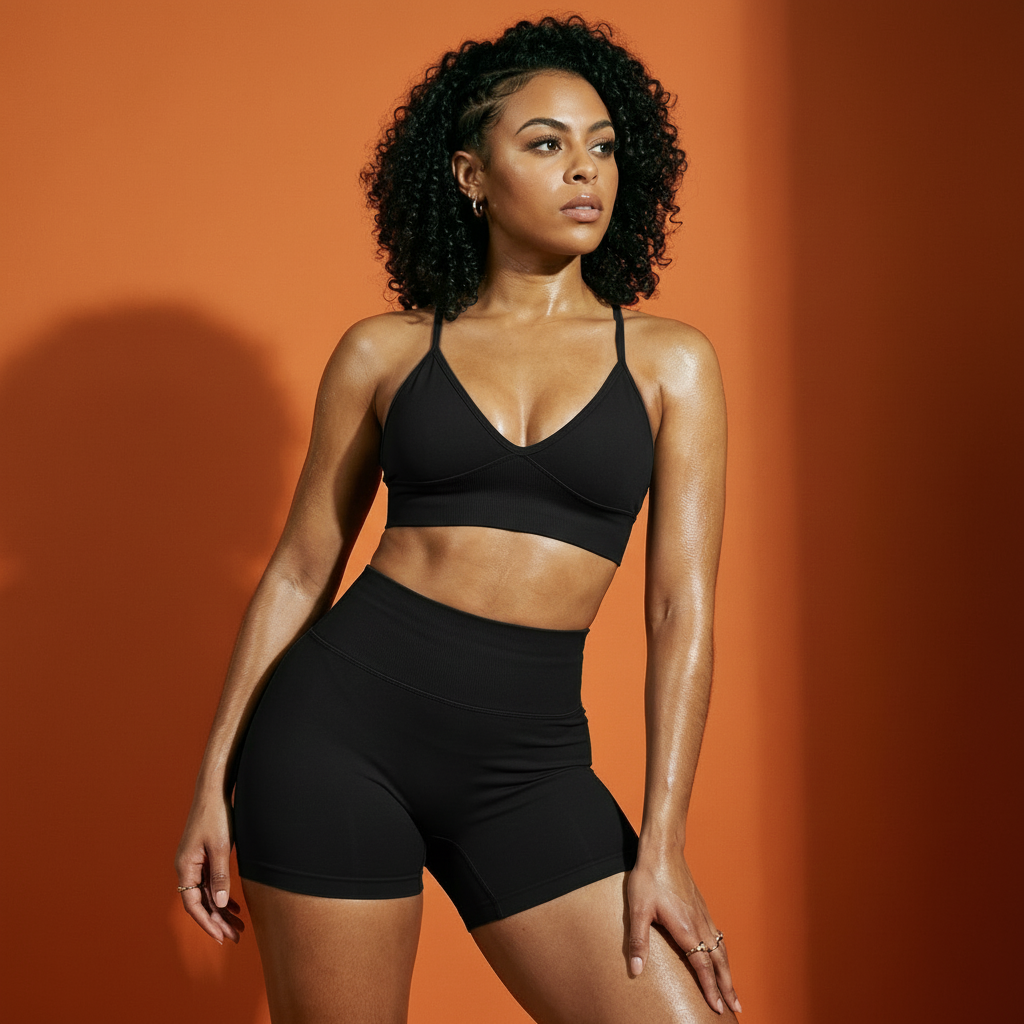 Schwarzes Sport-BH und High-Waisted Shorts Set, Sport-BH mit V-Ausschnitt
