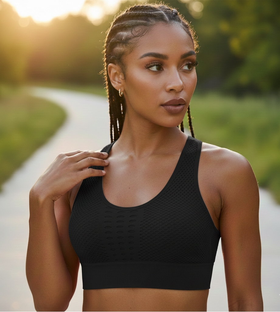 Woman wearing a black sports bra outdoors with a blurred natural background