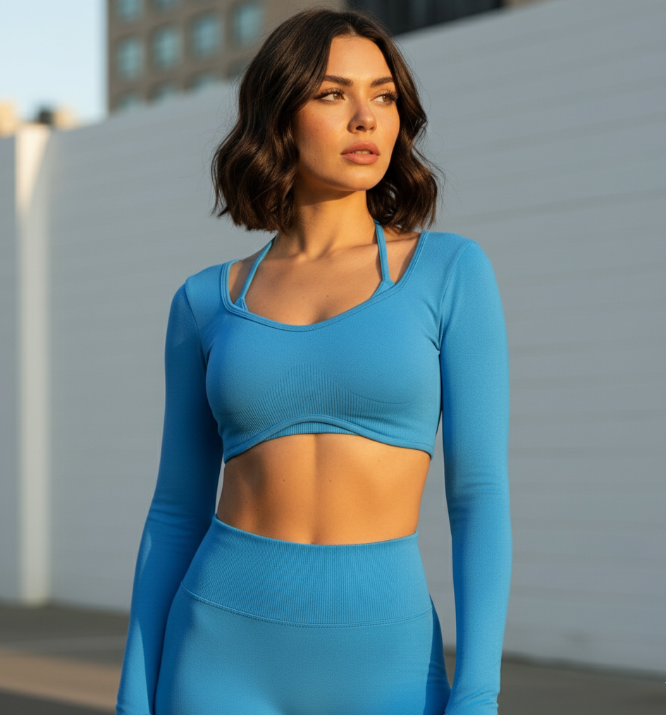 Woman wearing a blue athletic outfit standing outdoors.