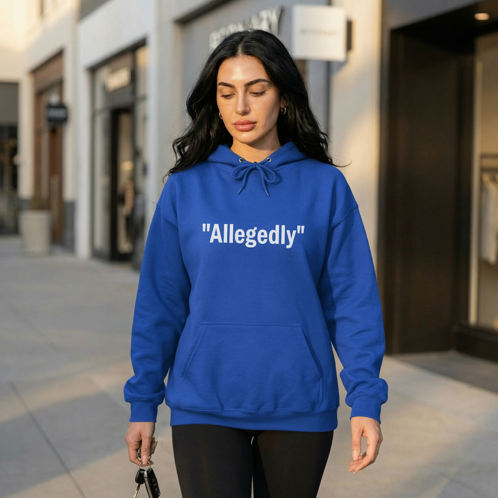 Royal blue fleece-lined pullover hoodie with 'Allegedly' quote graphic, front view