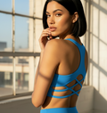 High-quality active bra with criss-cross back straps, blue