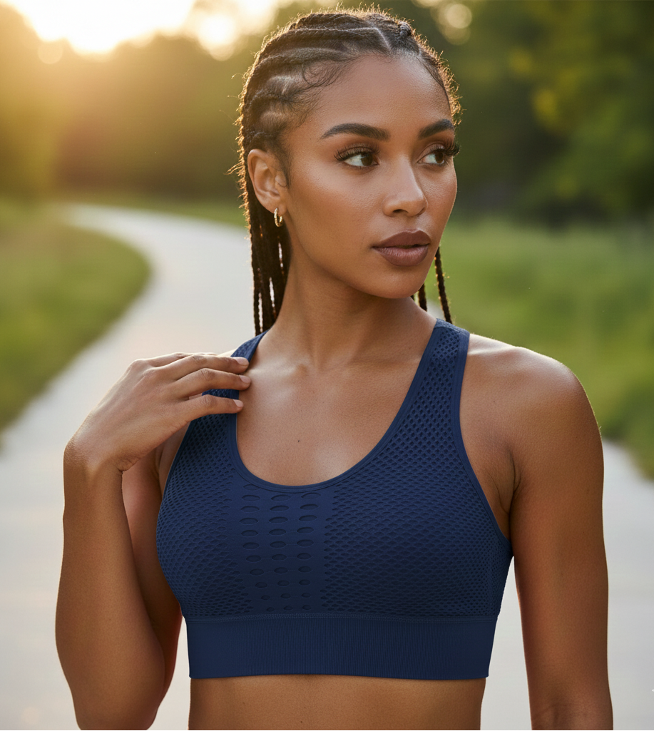 Woman wearing a blue sports bra outdoors with a blurred natural background