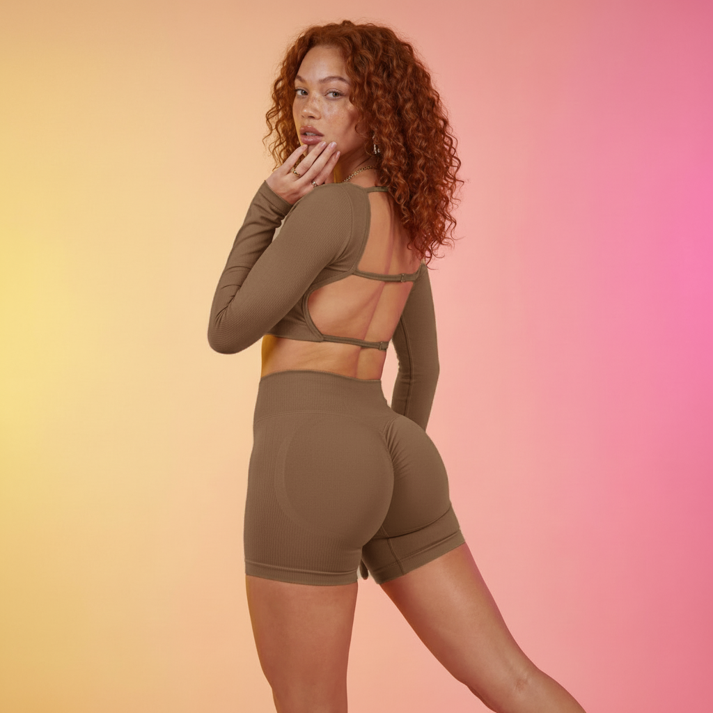 Brown long-sleeve backless crop top and high-waisted shorts set, open back detail
