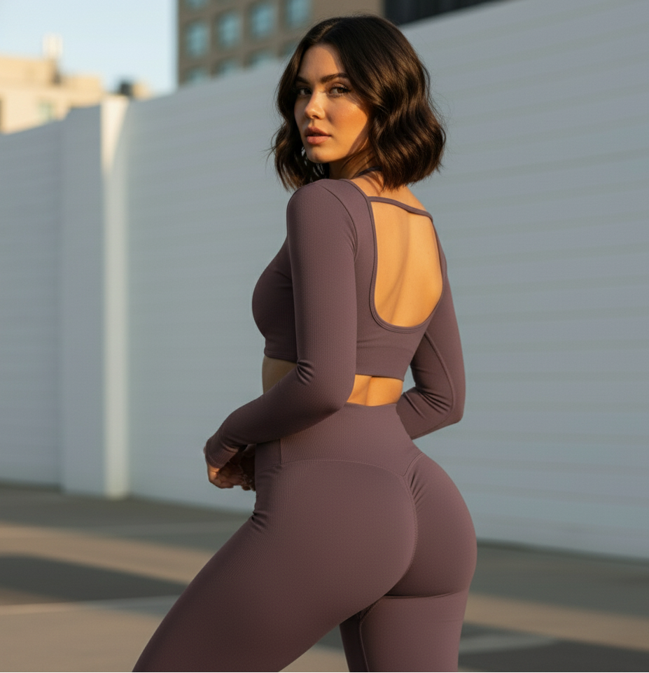 Woman wearing a brown athletic outfit standing outdoors with a white wall and building in the background.