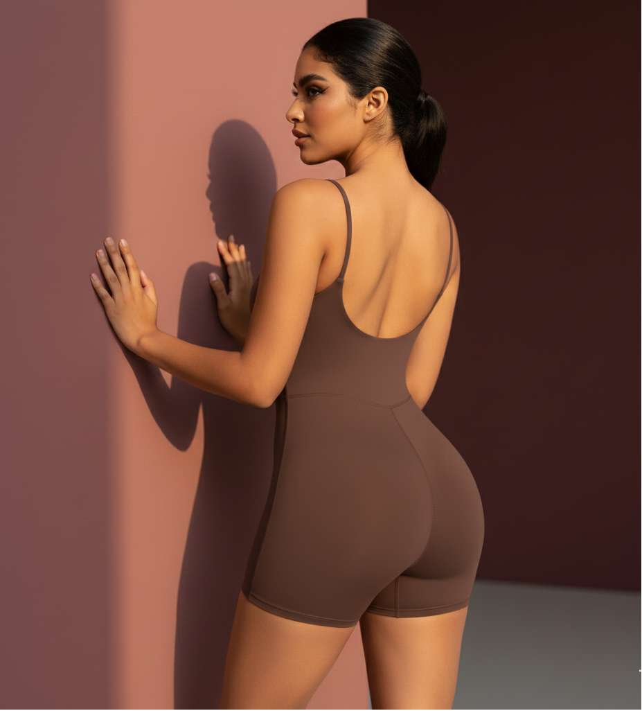 Woman wearing a brown bodysuit against a gradient wall.