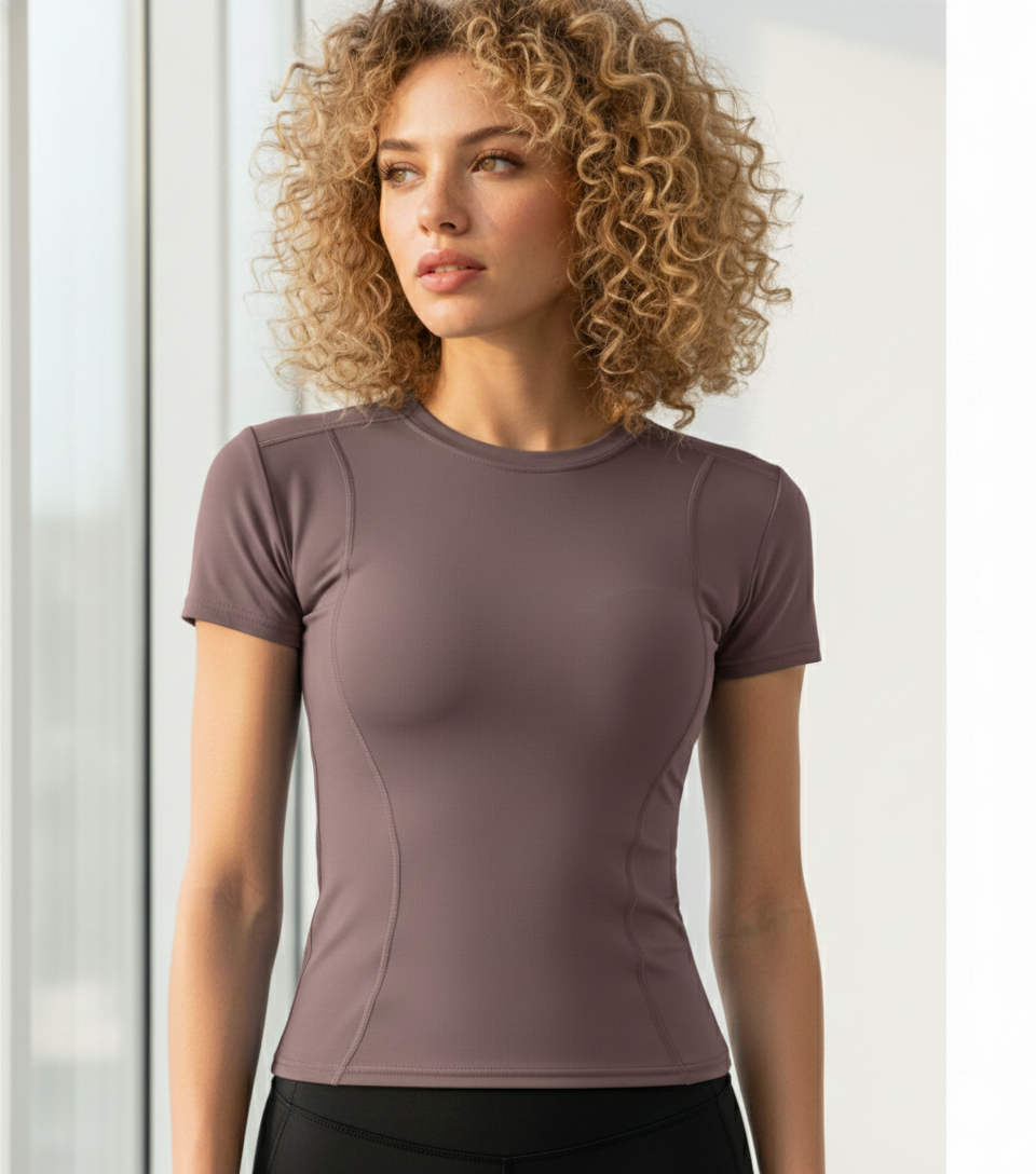 Woman wearing a brown compression shirt against a light background