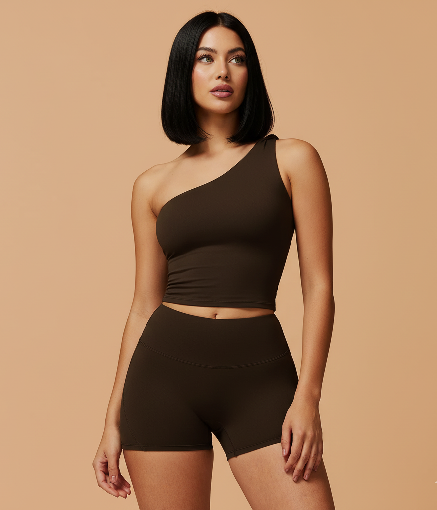 Woman wearing a brown one-shoulder top and shorts on a beige background