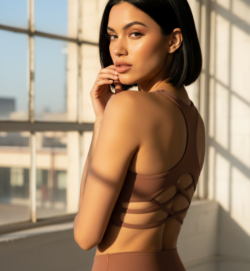 Woman wearing a brown outfit with geometric cutouts in a bright indoor setting