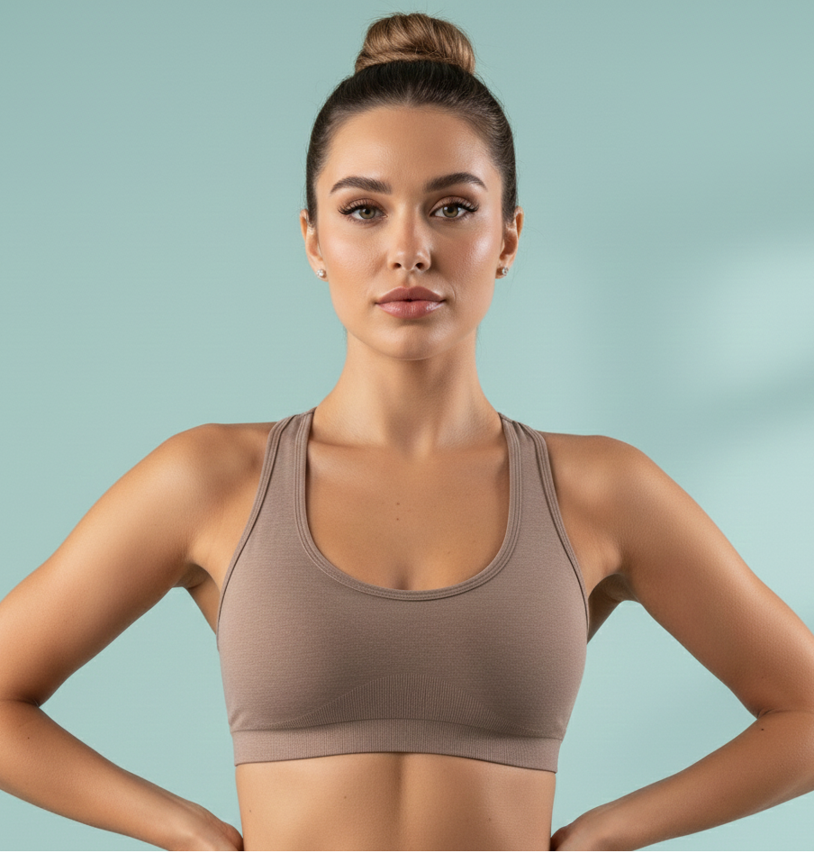 Woman wearing a brown sports bra against a light blue background