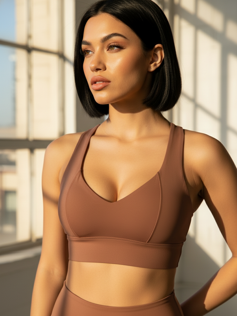 Woman wearing a brown sports bra and leggings standing outdoors with sunlight filtering through.