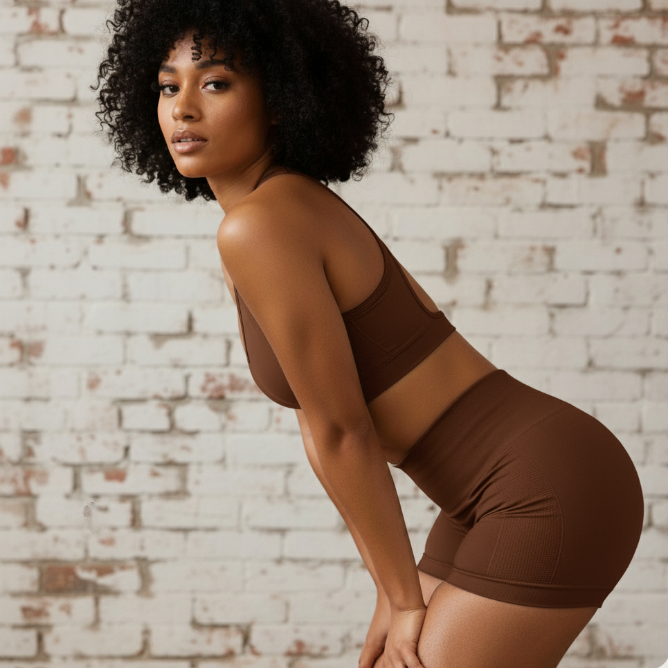 Woman wearing a brown sports bra and shorts set against a brick wall.