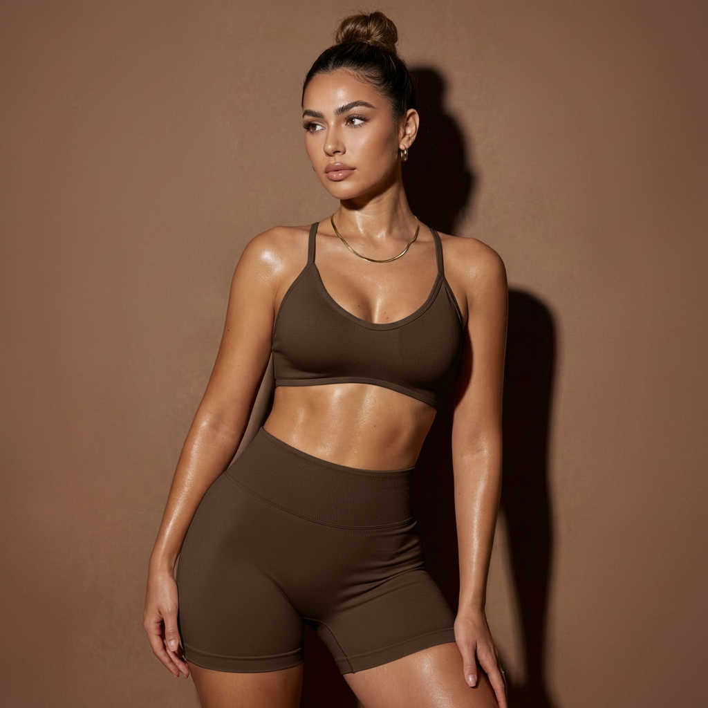 Dark brown halter bra and high-waist shorts two-piece activewear set