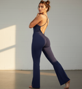 Navy crisscross back flared jumpsuit, low back straps
