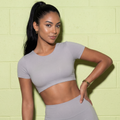 Fitted yoga crop top, light gray, short sleeves and crew neck