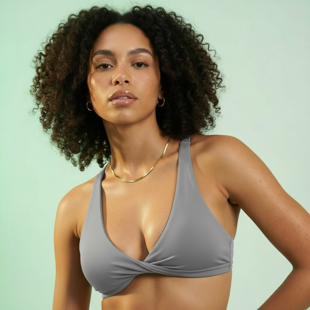 Active Twist Bralette in Gray, front view with twist knot detail