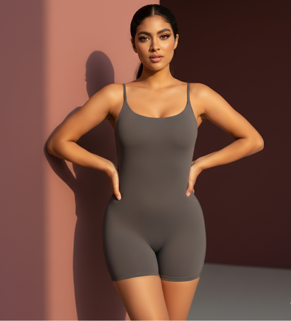 Woman wearing a gray bodysuit against a brown background